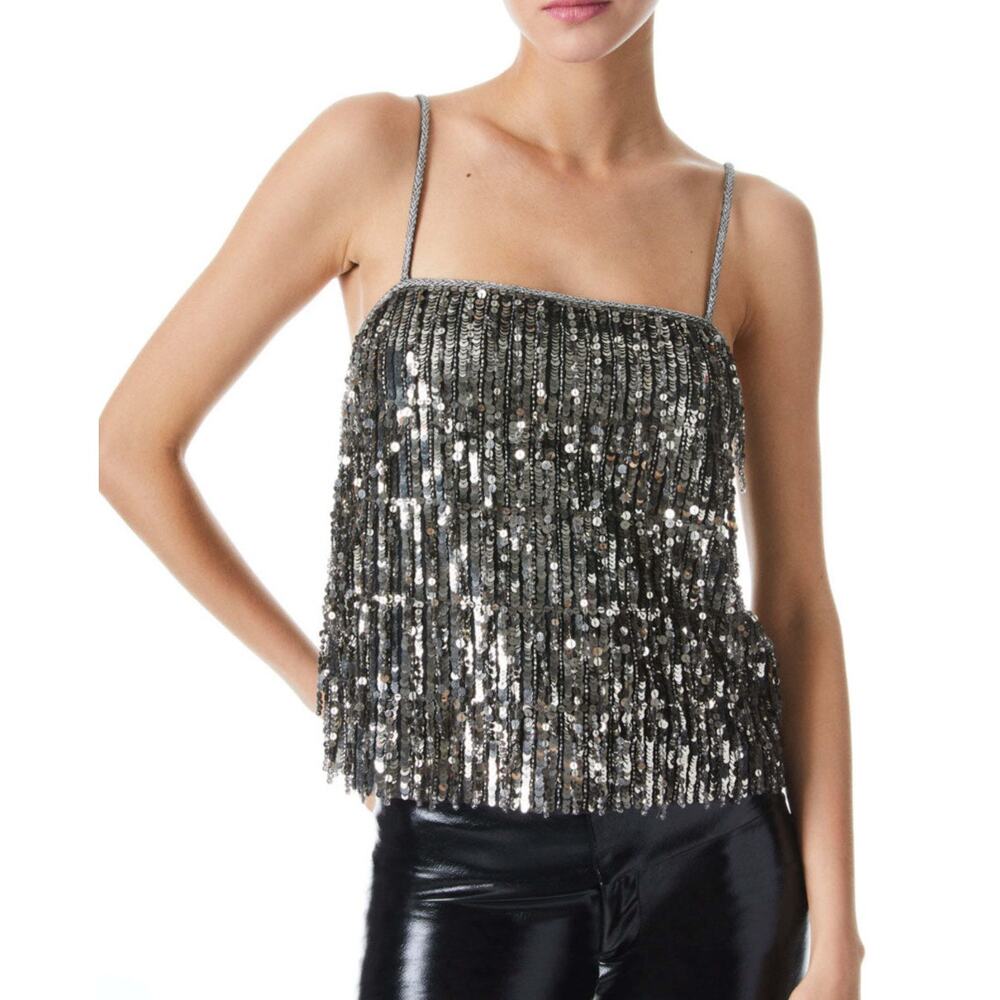 Alice and Olivia Chi Sequined Fringe Top in‎ gunmetal size Small $595